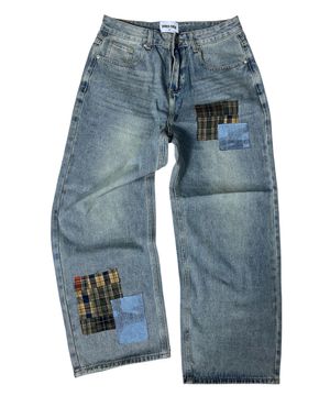 Patchwork Denim Wide Pants ((beige blue))