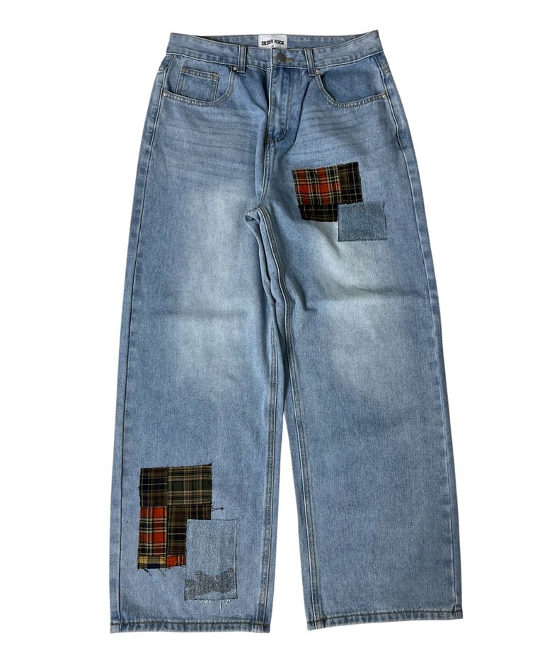 Patchwork Denim Wide Pants ((light blue))
