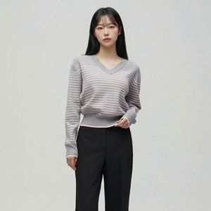 브이넥 단가라 배색 니트 AS1KH261