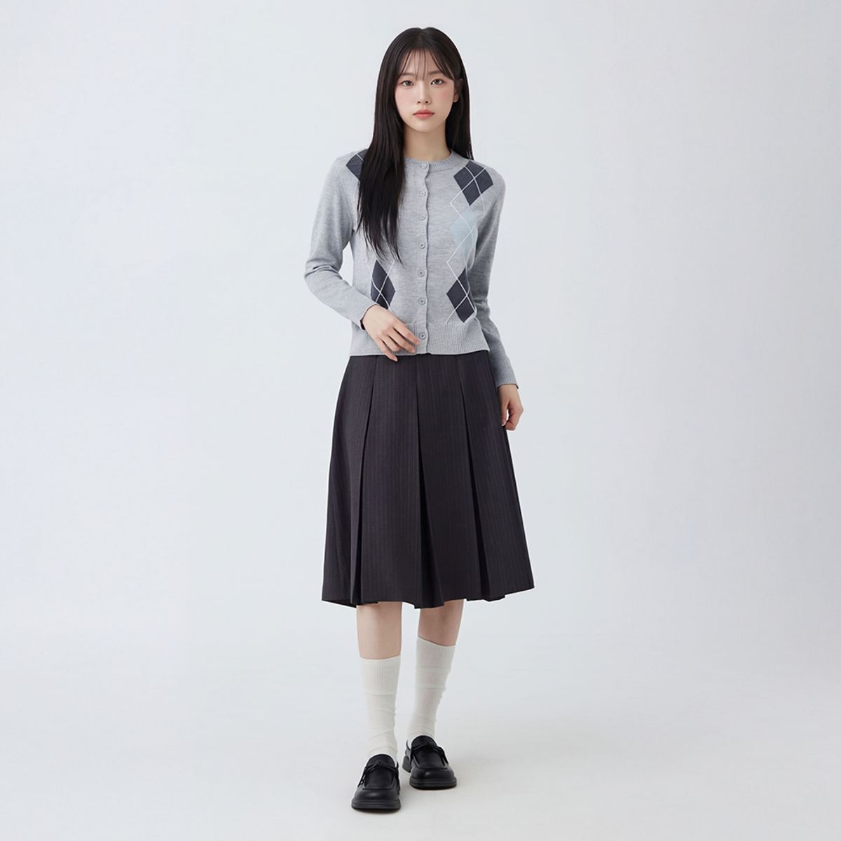 랩(LAP) 잔패턴 맞주름 미디 스커트 AS1WS29C
