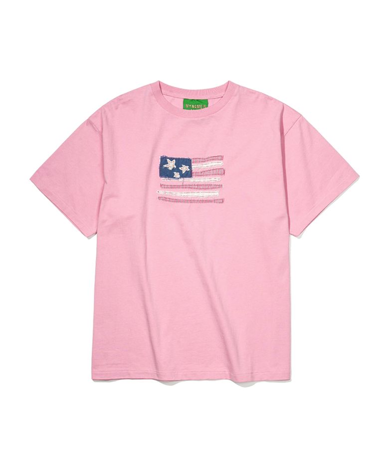 USA FLAG APPLIQUE T-SHIRT - VINTAGE PINK