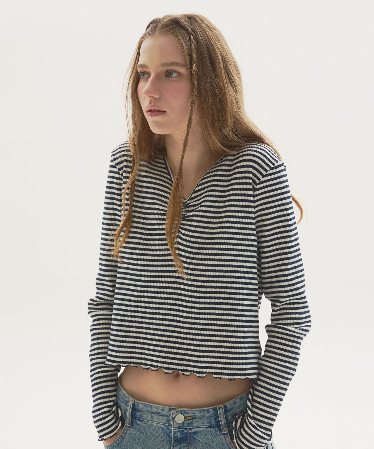 뉴루키(NEW LOOKY) Shirring point long sleeves t-shirt_Navy
