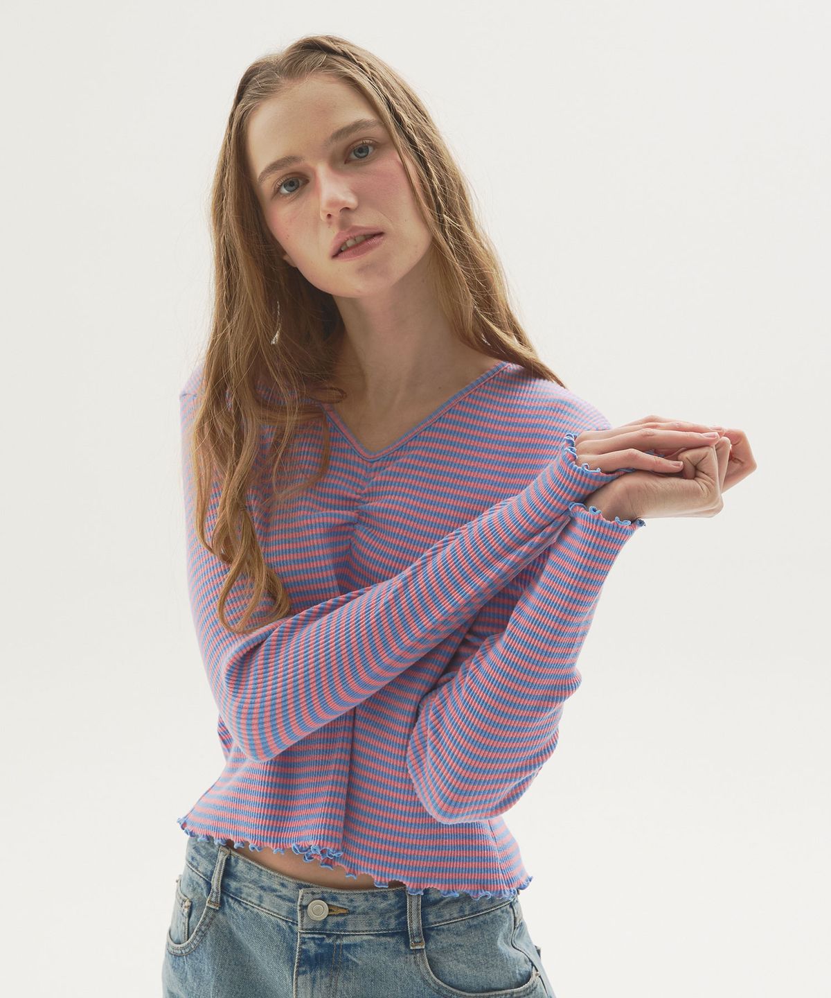 뉴루키(NEW LOOKY) Shirring point long sleeves t-shirt_Pink