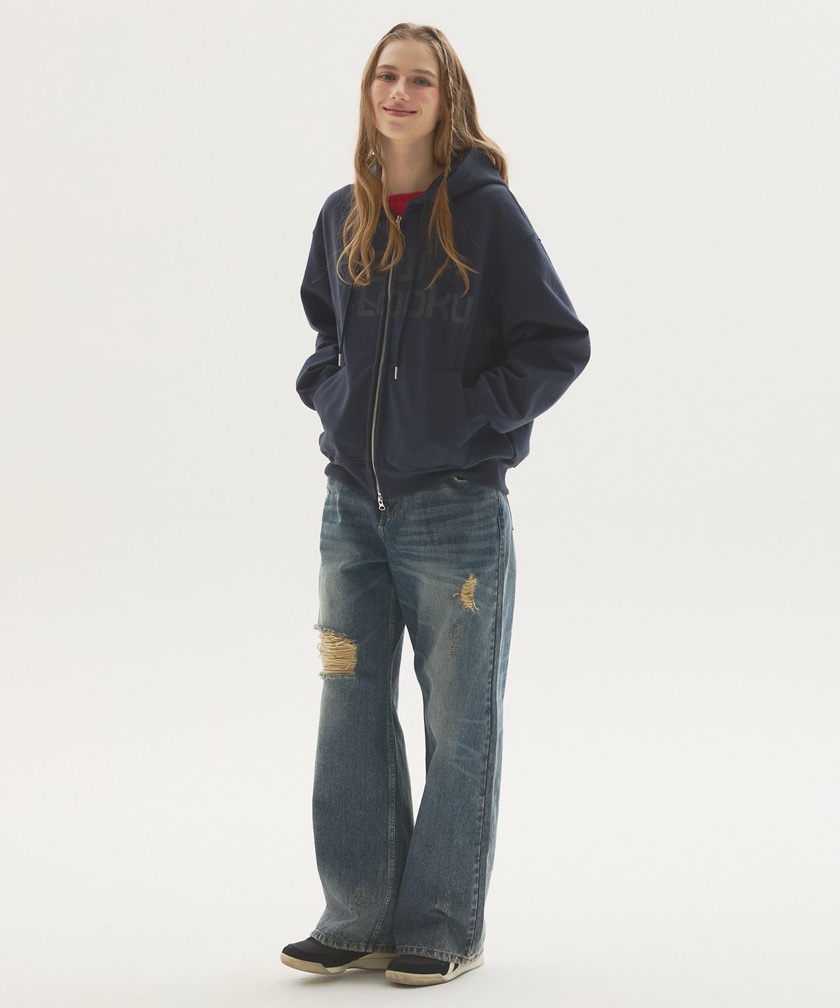 뉴루키(NEW LOOKY) Loose fit hooded jumper _Navy