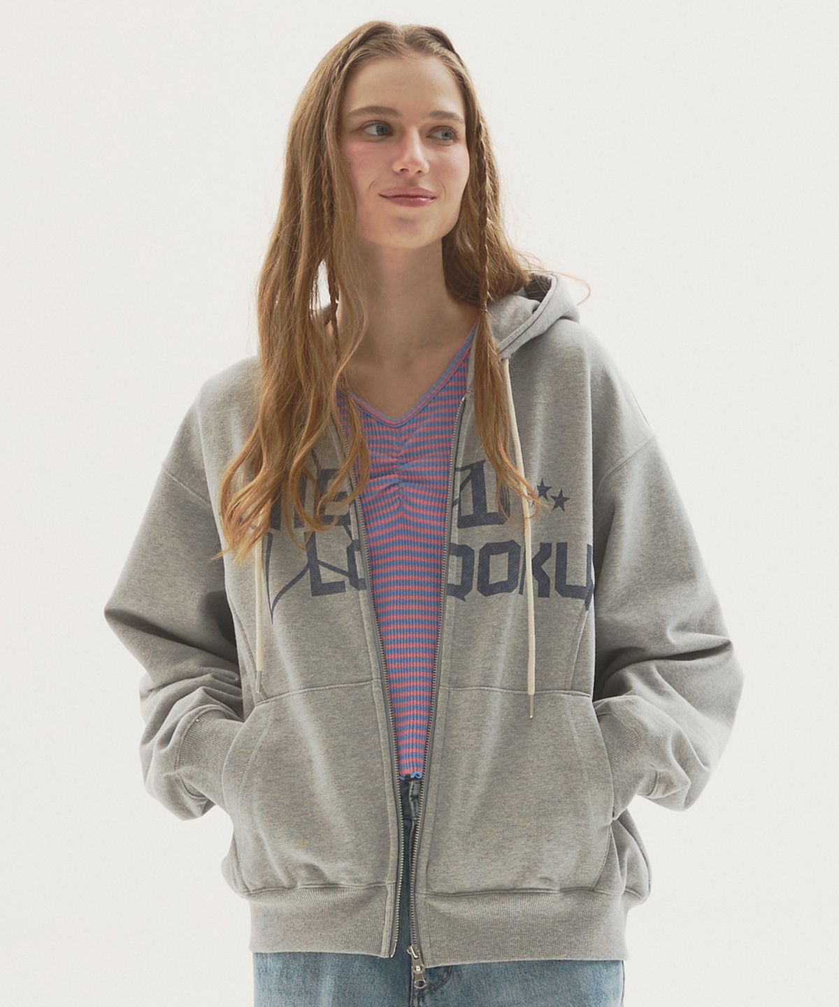 뉴루키(NEW LOOKY) Loose fit hooded jumper _Melange grey