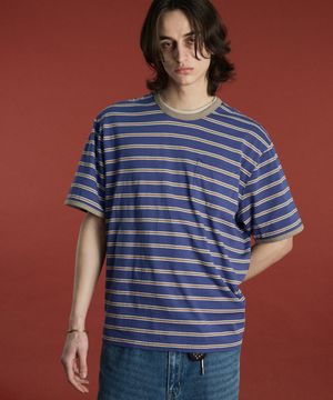 링거 스트라이프 포켓 반팔 티셔츠 블루