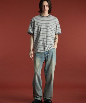 링거 스트라이프 포켓 반팔 티셔츠 그레이