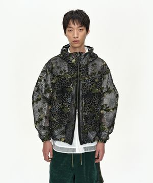 FLOWER EMBROIDERY SHEER HOODIE JACKET awa761m(BLACK)