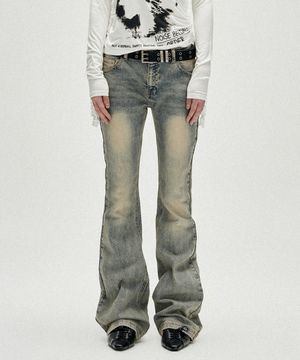 W Symbol Stitch Low Rise Flare Fit Denim Pants - Light Blue