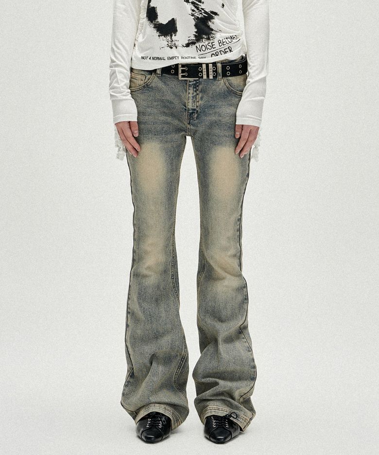 W Symbol Stitch Low Rise Flare Fit Denim Pants - Light Blue