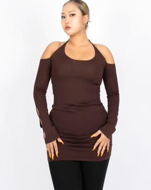CS HALTER MINI KNIT DRESS-026 (BROWN)