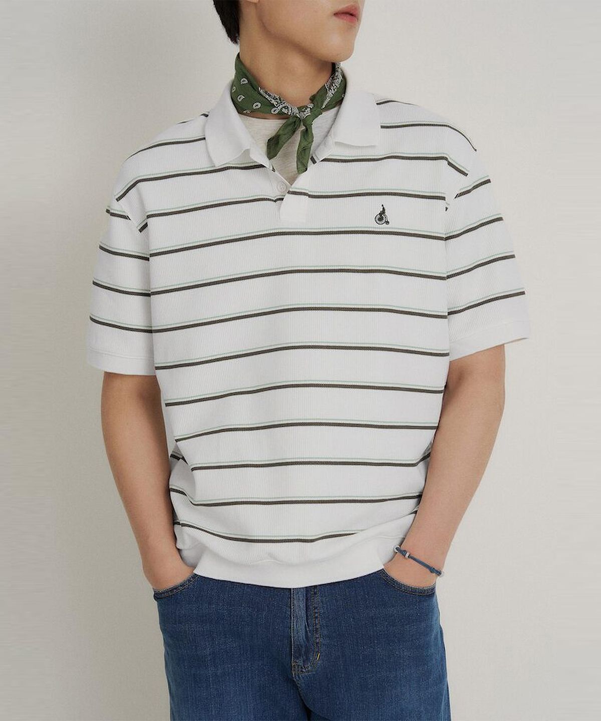 빈폴 멘(BEANPOLE MEN) 칼라넥 스트라이프 미니와플 반소매 티셔츠  라이트 그린