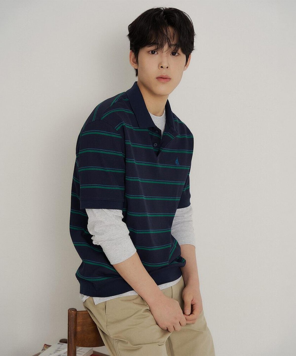 빈폴 멘(BEANPOLE MEN) 칼라넥 스트라이프 미니와플 반소매 티셔츠  네이비