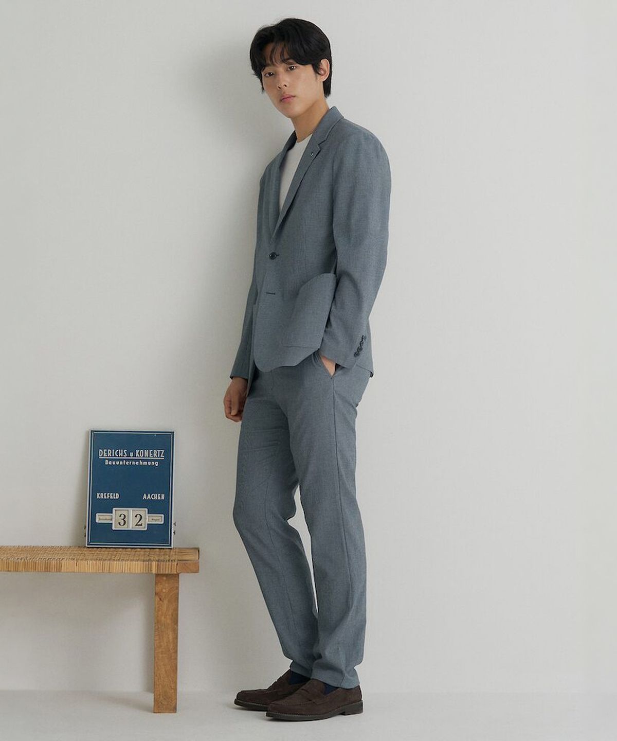 빈폴 멘(BEANPOLE MEN) 시어서커 패턴 셋업 스탠다드핏 팬츠  네이비