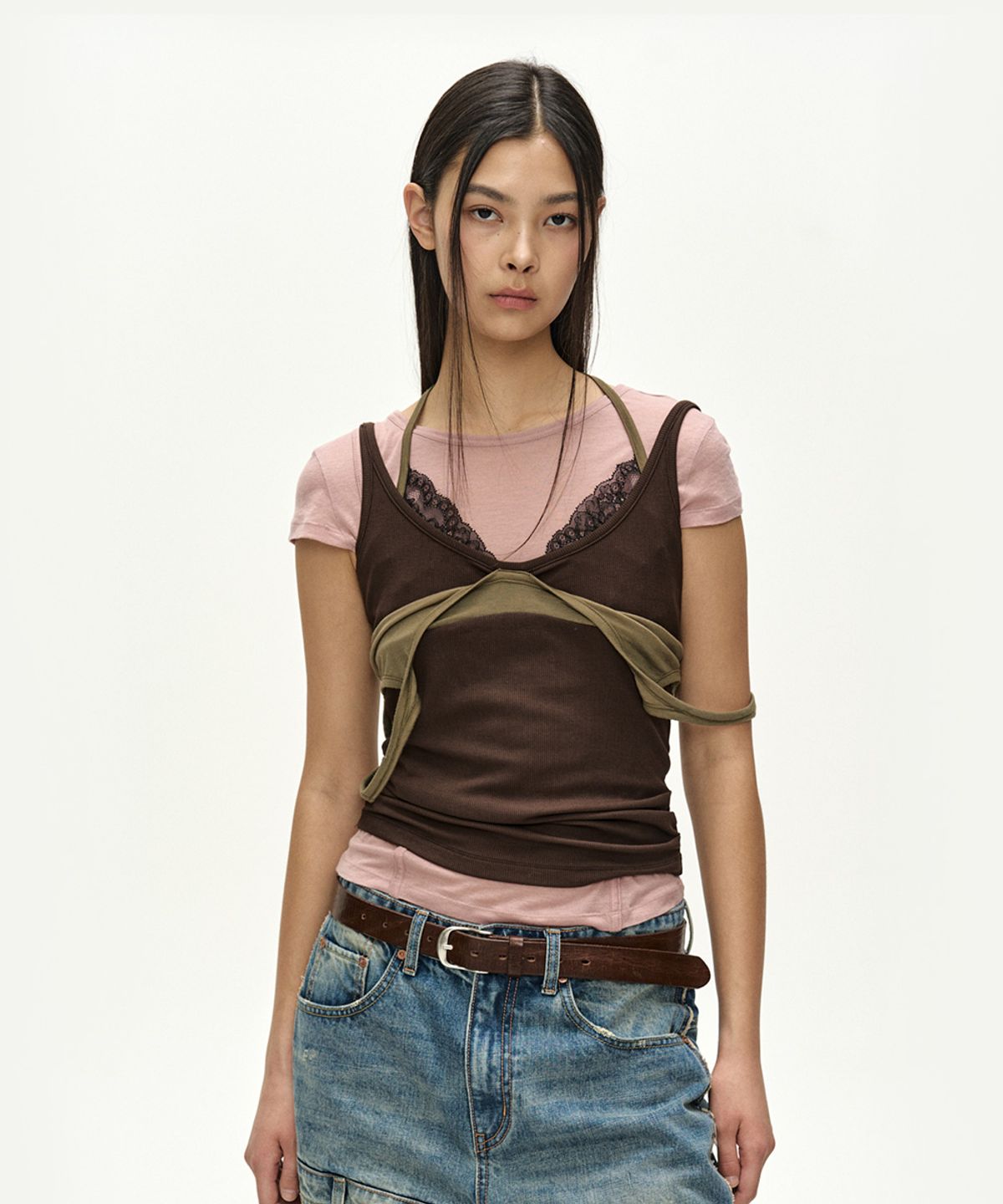 앤더슨벨(ADSB ANDERSSON BELL) UPSIDE-DOWN LAYERED T-SHIRT atb1557w(PINK/BROWN)