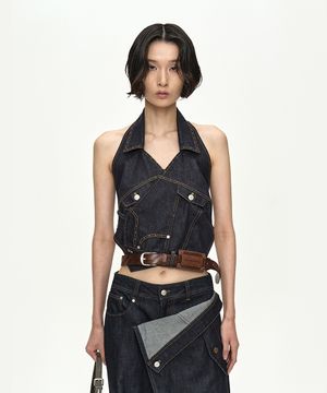 UPSIDE-DOWN INDIGO DENIM HALTER TOP atb1573w(INDIGO)