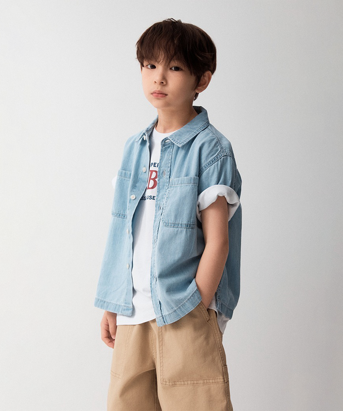 스파오 키즈(SPAO KIDS) [키즈]쿨 경량 데님 반팔 셔츠_SPYJG24KU1