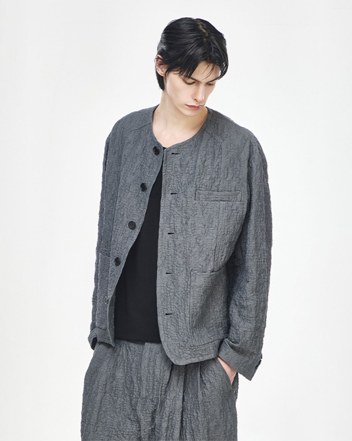 송지오(SONGZIO) 송지오옴므 크리스 라운드넥 코쿤 자켓 그레이 SI3JK331GY