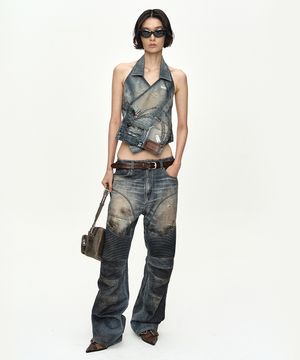 UPSIDE-DOWN PRINTED DENIM HALTER TOP atb1574w(WASHED BLUE)