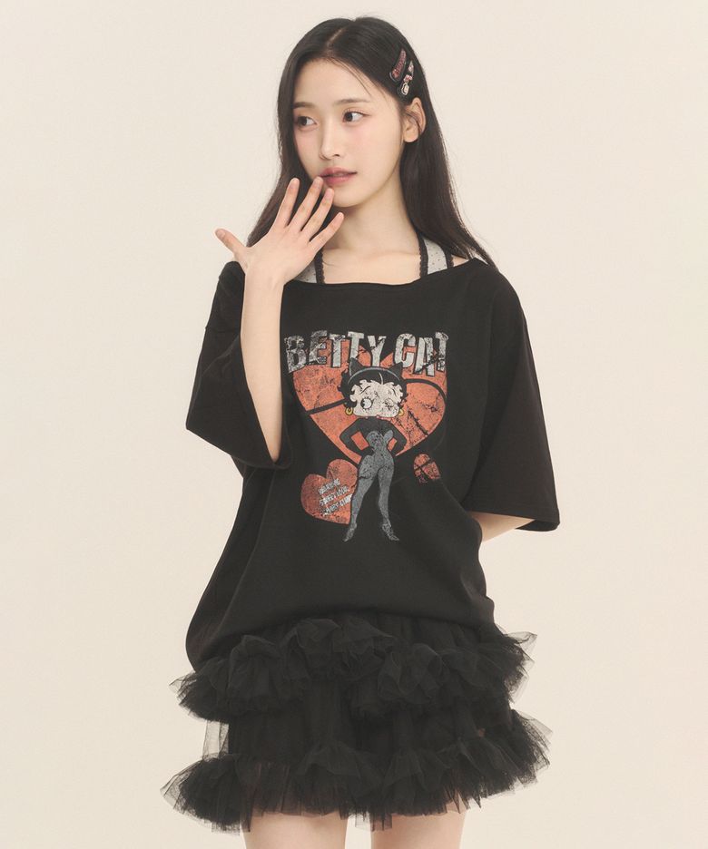 [SET] 베티붑 베티캣 홀터 오프숄더 반팔 티셔츠_블랙