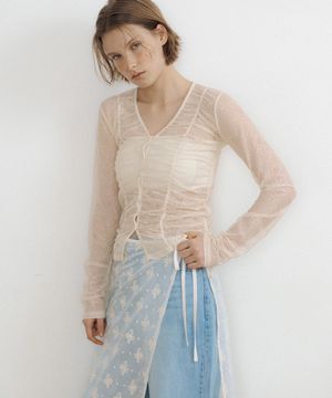 Mesh Lace Shirring Cardigan (cream)