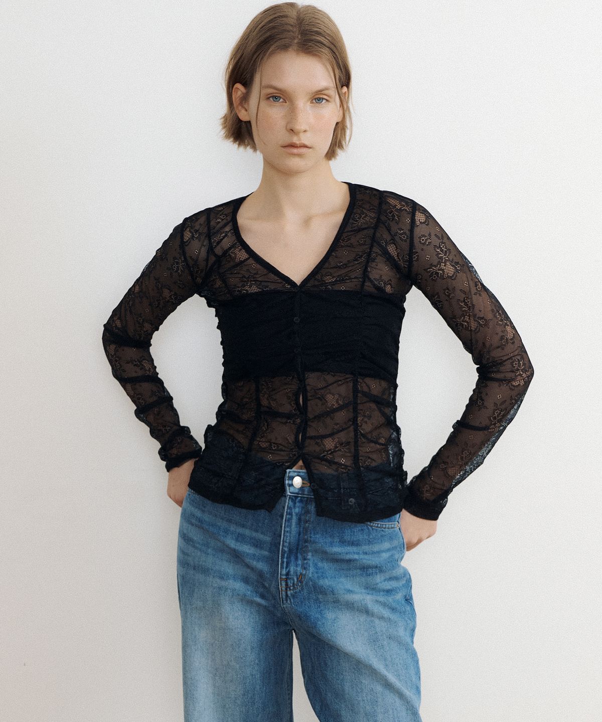 루시르주(LUCIR ZU) Mesh Lace Shirring Cardigan (black)