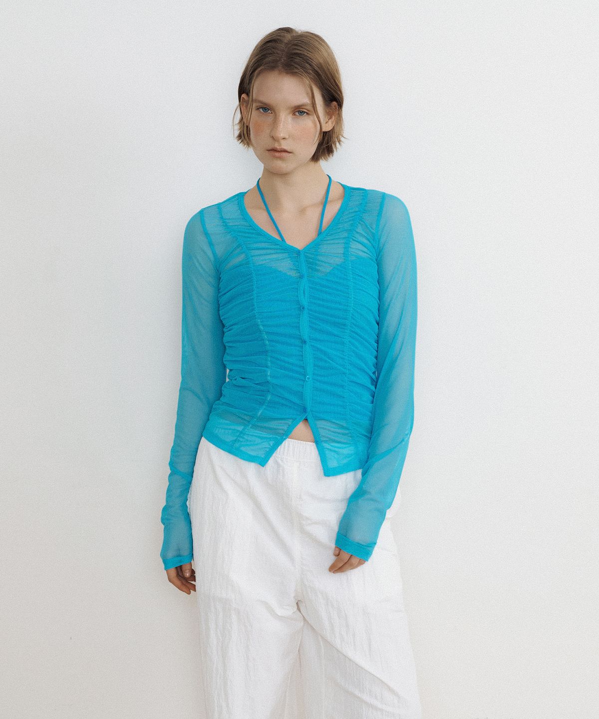 루시르주(LUCIR ZU) Mesh Shirring Cardigan (aqua)
