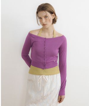 Airy Boat Neck Button Cardigan (purple)