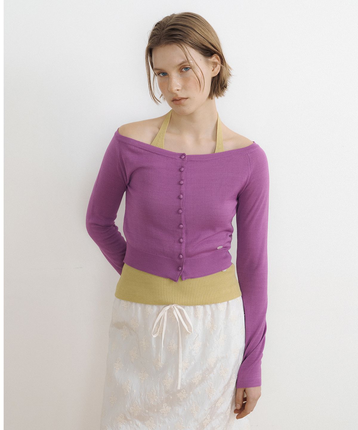 루시르주(LUCIR ZU) Airy Boat Neck Button Cardigan (purple)