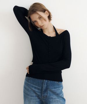 Airy Boat Neck Button Cardigan (black)