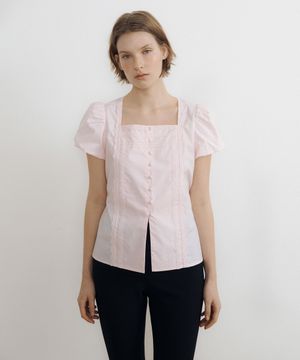 Square Neck Balloon Sleeve Lace Blouse (pink)