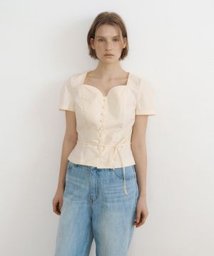 Tulip Neck Embroidered Puff Blouse (soft yellow)