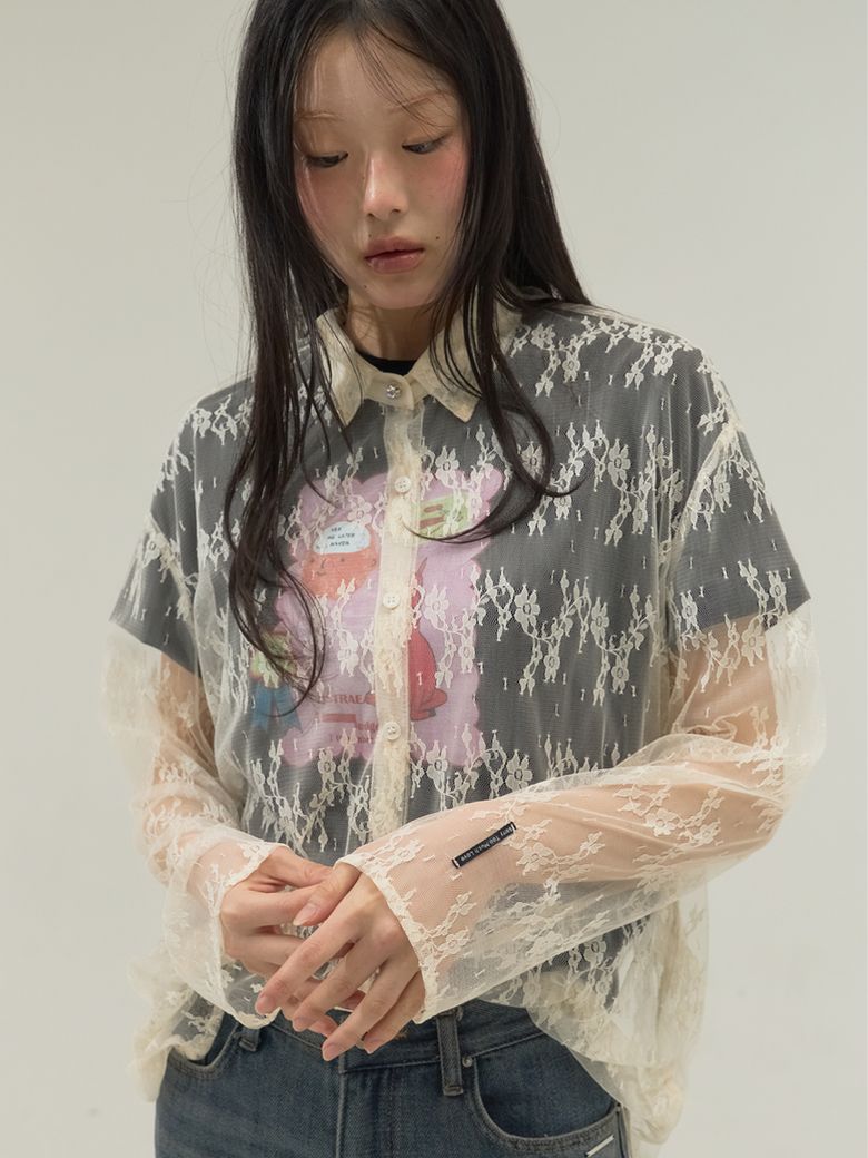 Sheer Lace Classic Collar Blouse_Cream