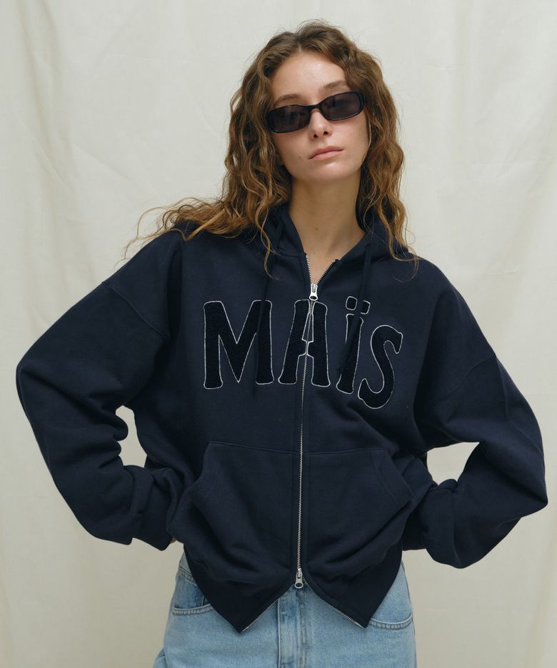 BOUCLE LOGO ZIP-UP HOODIE / NAVY