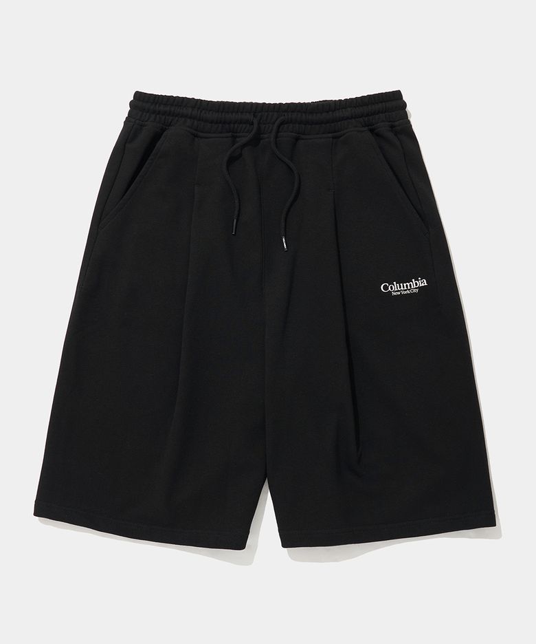 NYC EMB PINTUCK TERRY SWEAT SHORTS PANTS_BLACK
