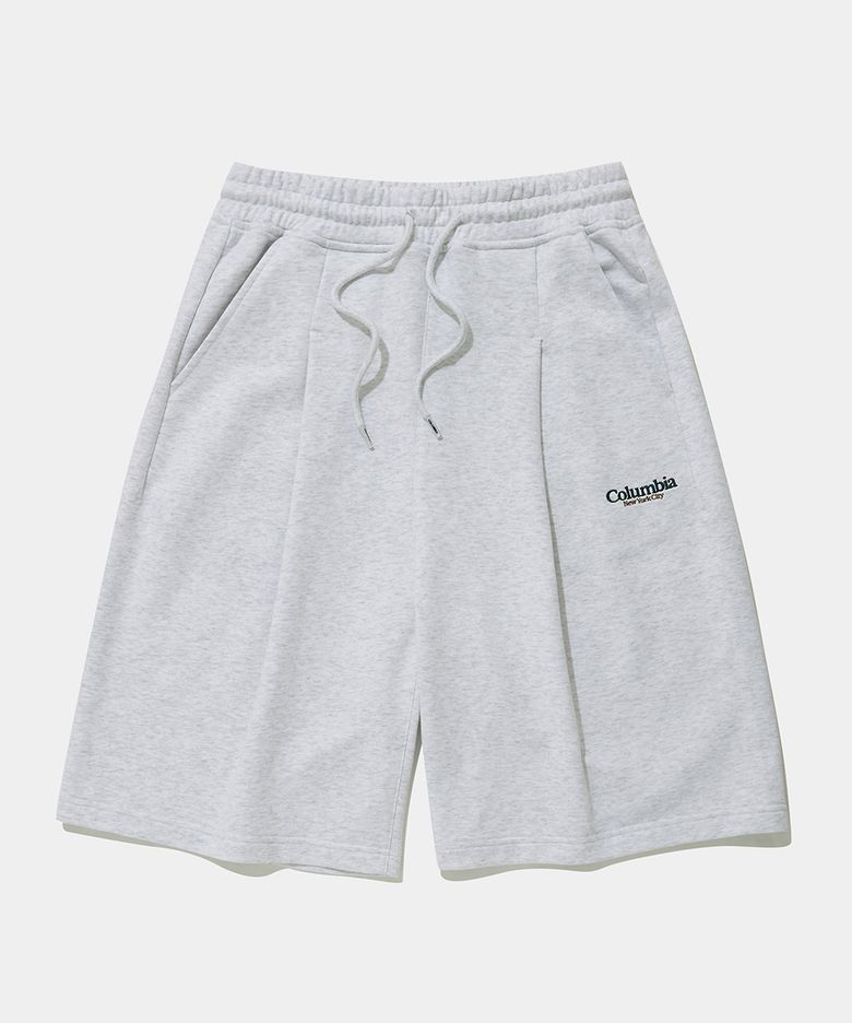 NYC EMB PINTUCK TERRY SWEAT SHORTS PANTS_LIGHT MELANGE GRAY