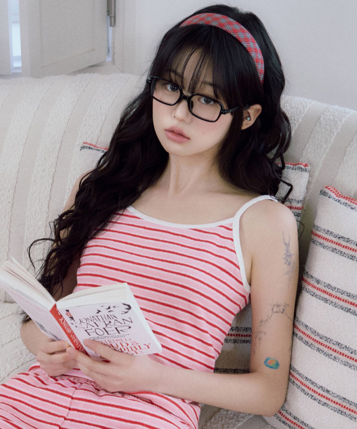 코랄리크(CORALIQUE) 마린 테리 스트라이프 슬리브리스 핑크