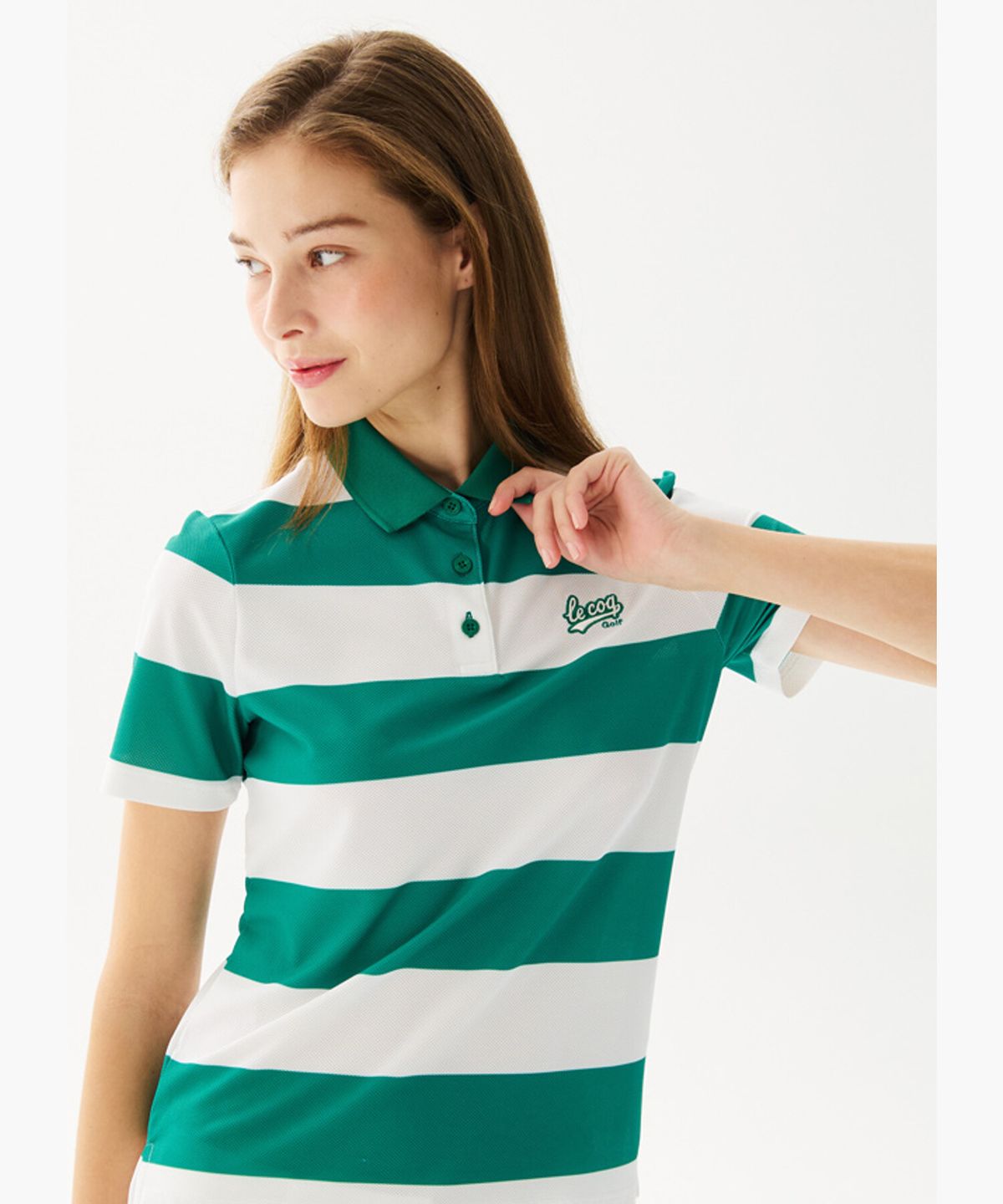 르꼬끄 골프(LECOQ GOLF) 여성 스트라이프 카라 반팔 티셔츠 _GREN GR122LTS34