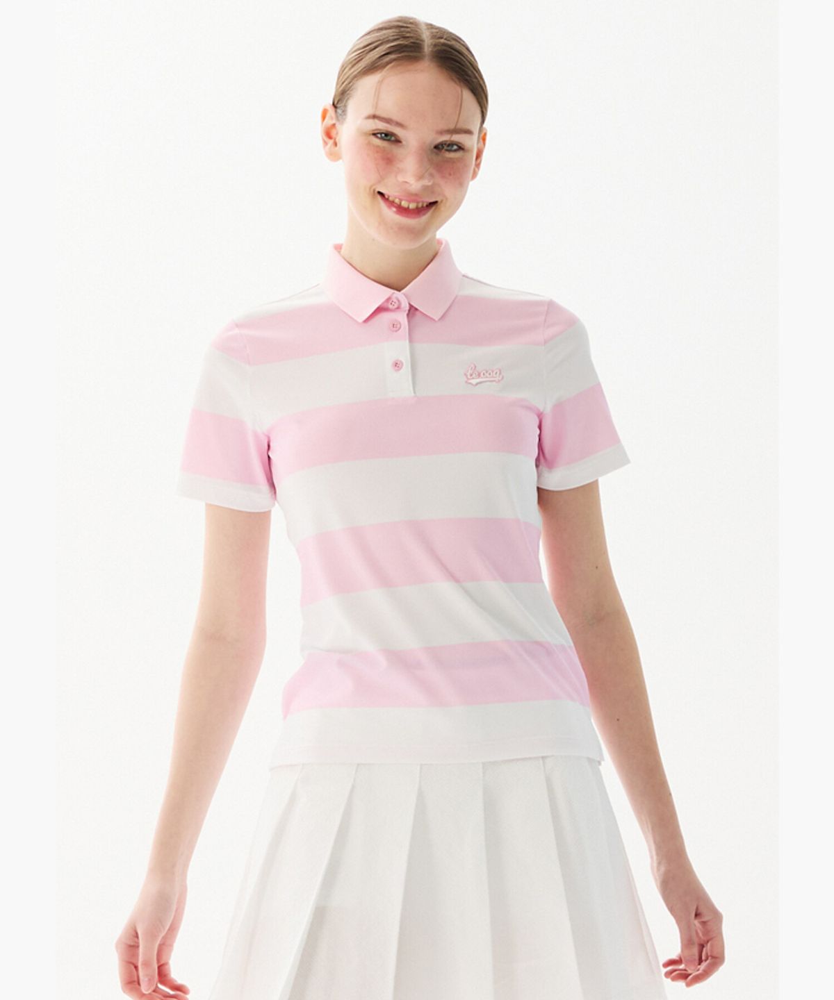 르꼬끄 골프(LECOQ GOLF) 여성 스트라이프 카라 반팔 티셔츠 _PINK GR122LTS34