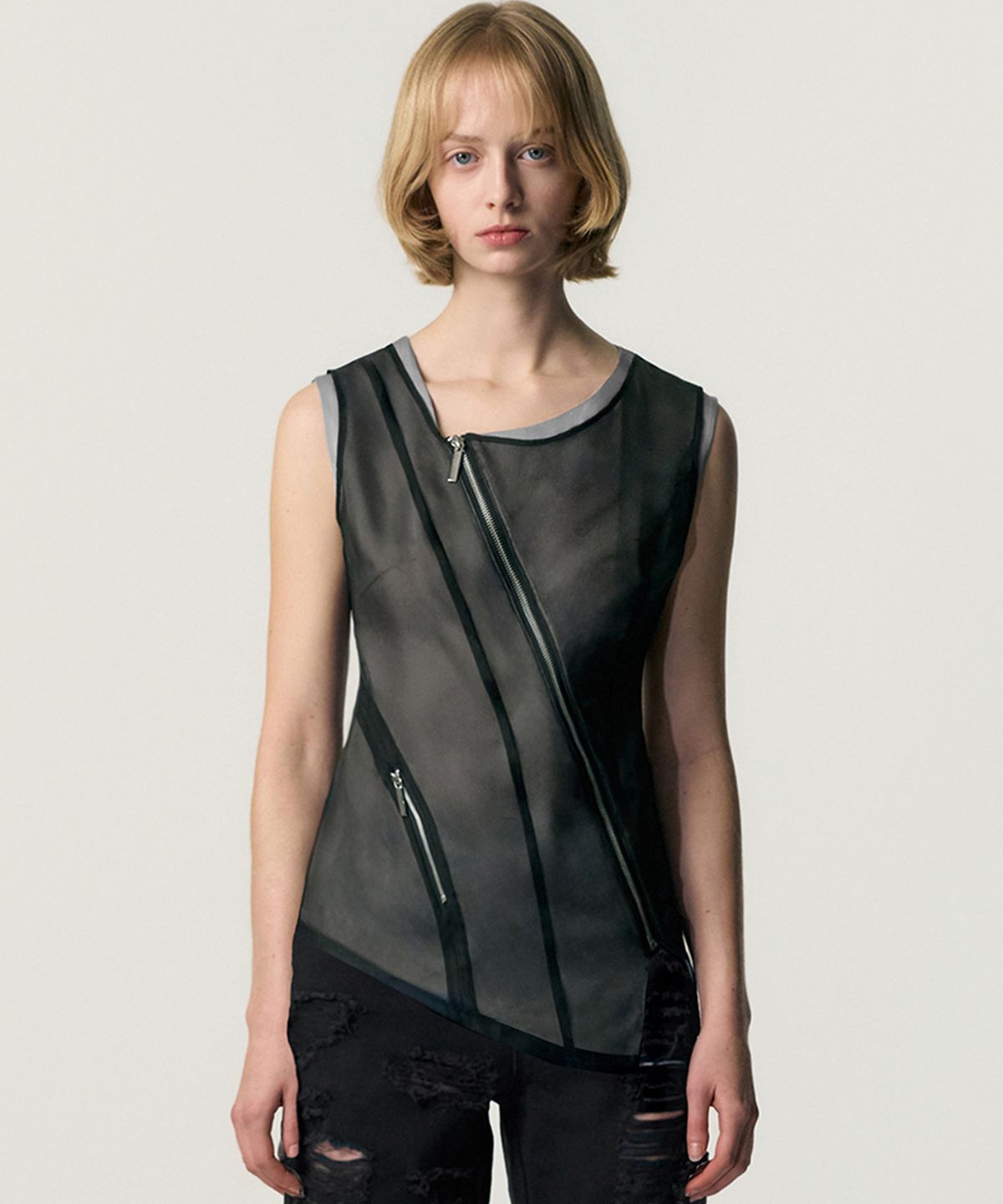 킴지수(KIMZISU) Sheer Overlay Zip Top_BLACK