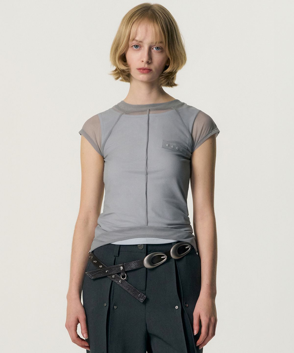 킴지수(KIMZISU) Veiled Mesh Shell SS T-shirt_GREY