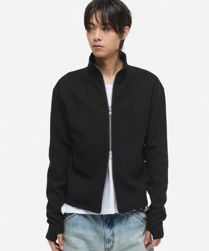 핑거홀 크롭 와플 집업 블랙