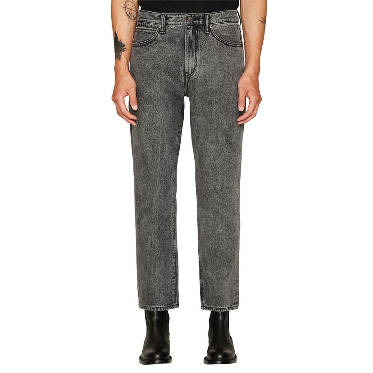 랩원오원(LAB101) 데미지 스톤워시 크롭 데님 팬츠 (DARK GREY)