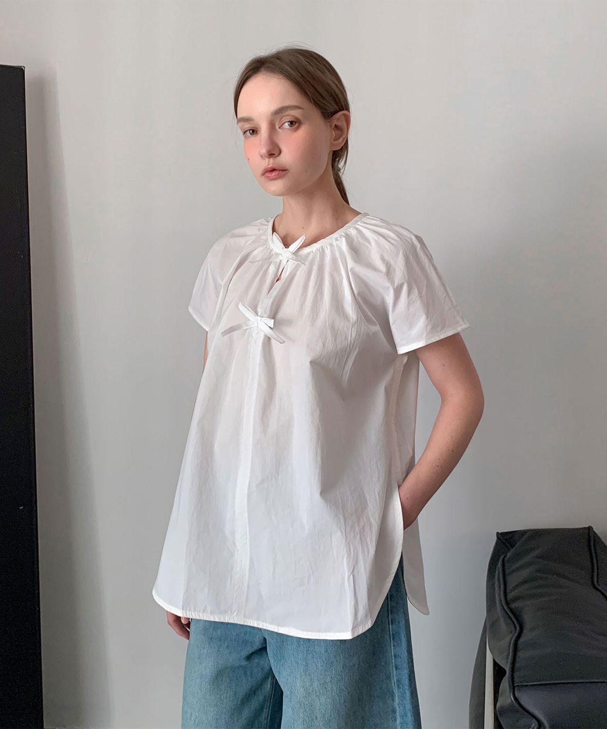 바스카라(VASCARA) Bebe Ribbon Short Sleeve Blouse (3Colors)