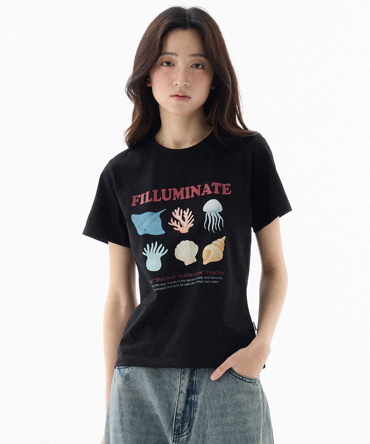 필루미네이트(FILLUMINATE) (W) 언더워터 DTP 그래픽 티셔츠-블랙