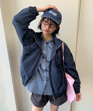 RUCHED HOODED LOOSE FIT WIND JUMPER NAVY