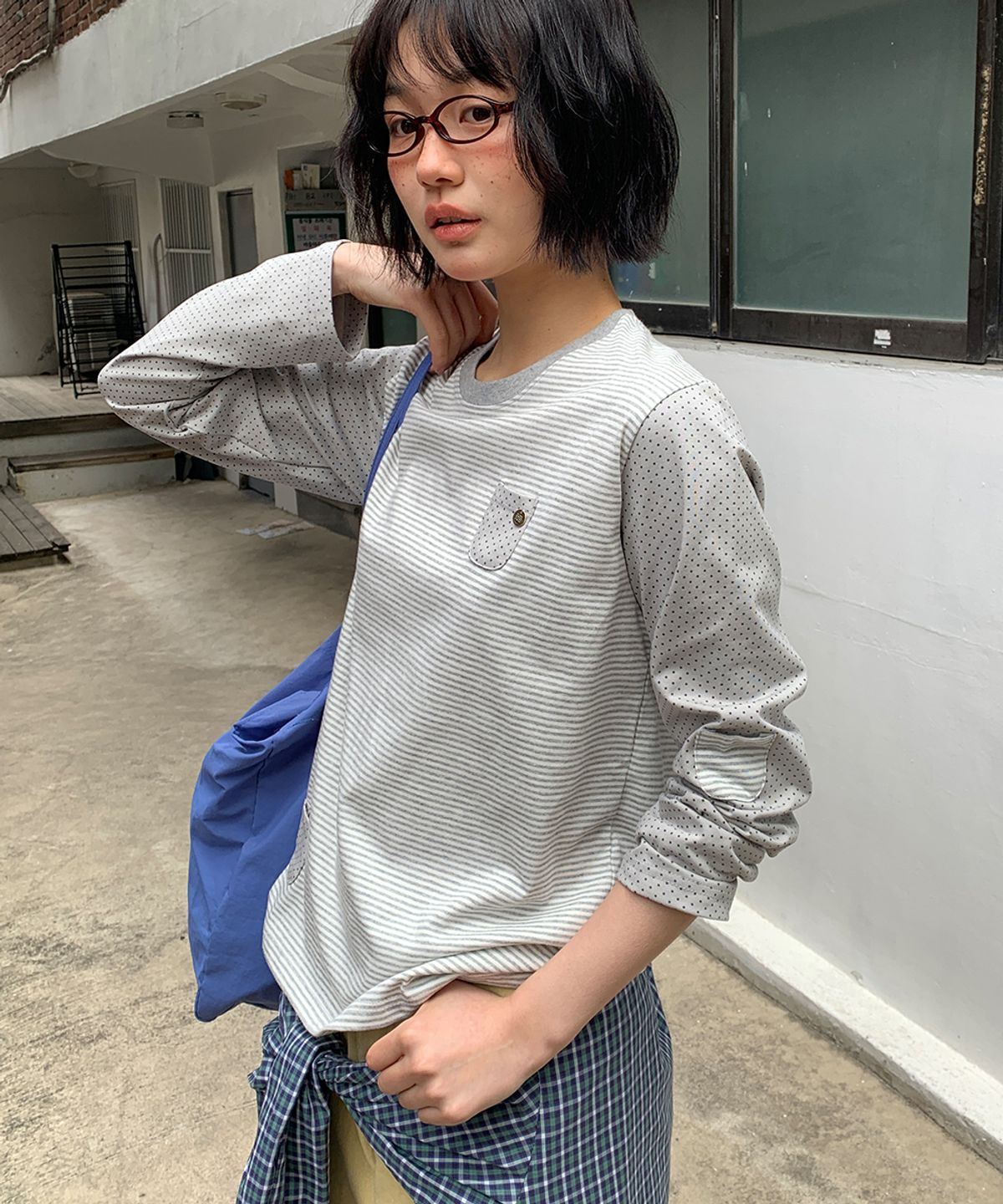 론론(RONRON) DOT STRIPE MULTI POCKET LONG SLEEVE GREY