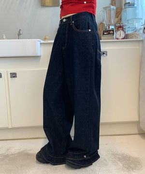 FRILL HEM WIDE DENIM PANTS BLACK