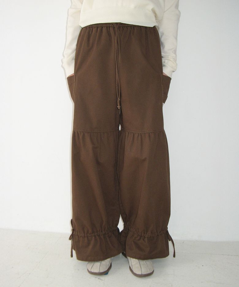 STRING FRILL SHIRRING WIDE PANTS BROWN