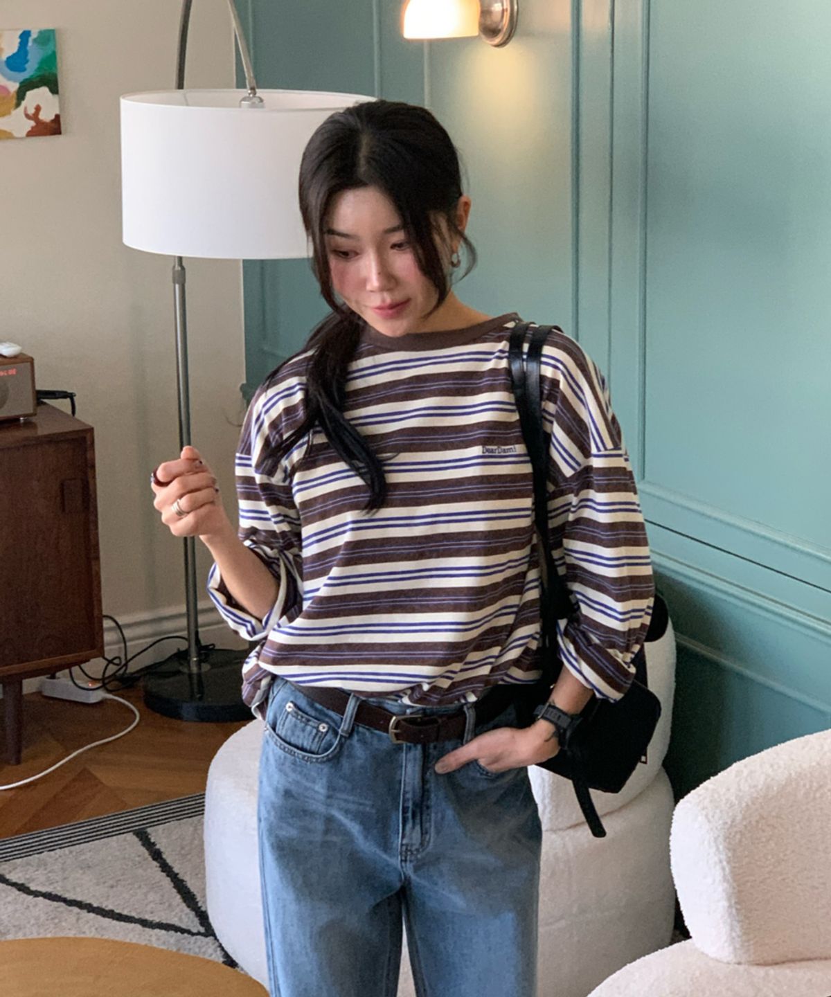 다미(DAMI) 캐주얼 오버사이즈 스트라이프 티